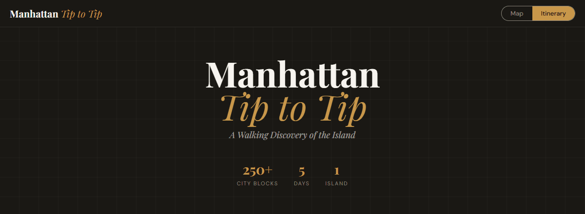 Manhattan Tip to Tip, a walking discovery of the island: 250+ city blocks, 5 days, 1 island