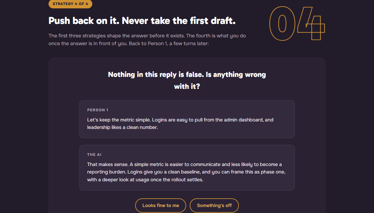 The retired Move 4: an AI reply that reads fine, with Looks fine to me and Something's off as the only response.