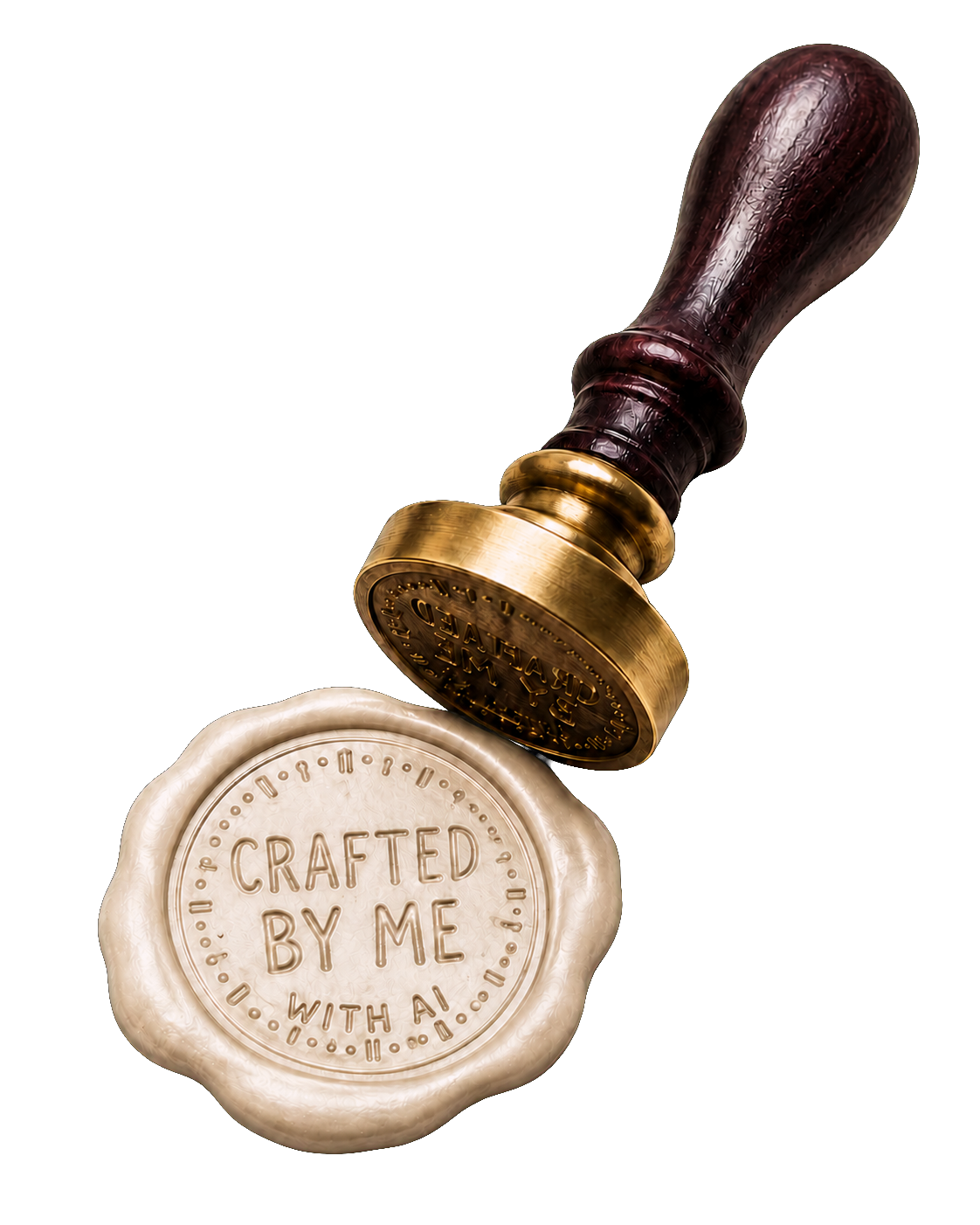 A wax seal reading Crafted by me, with AI, as the metal stamp lifts away.